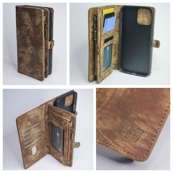 iPhone 11 Pro Max Case Zipper Wallet Magnetic Detachable Case (BROWN)