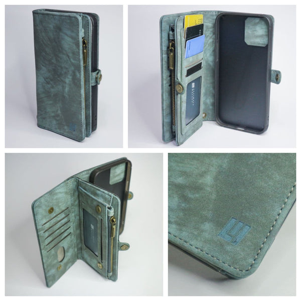 iPhone 12 Pro Case Zipper Wallet Magnetic Detachable Case (BLUE)